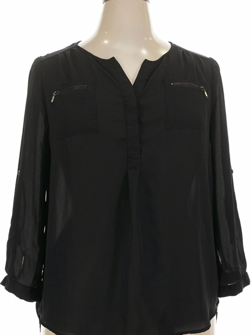 My Michelle Black Split-Neck Blouse with Zip Pocket Detail Sz XL LN